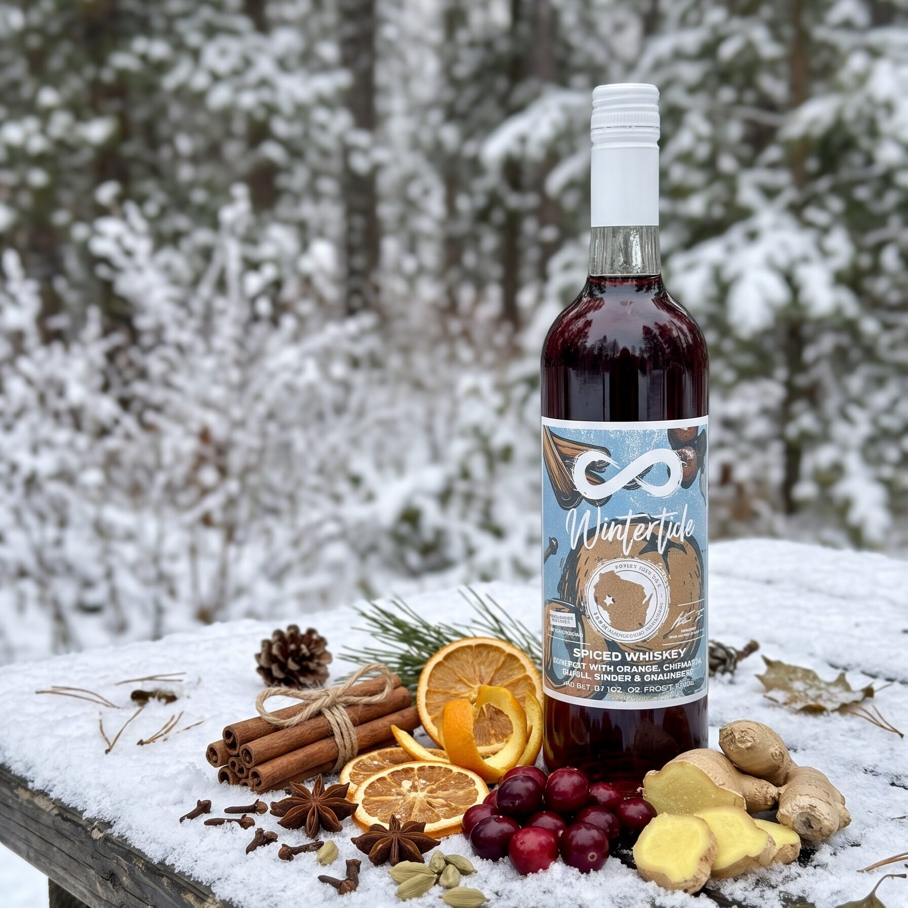 Wintertide Spiced Whiskey winter setting with spices